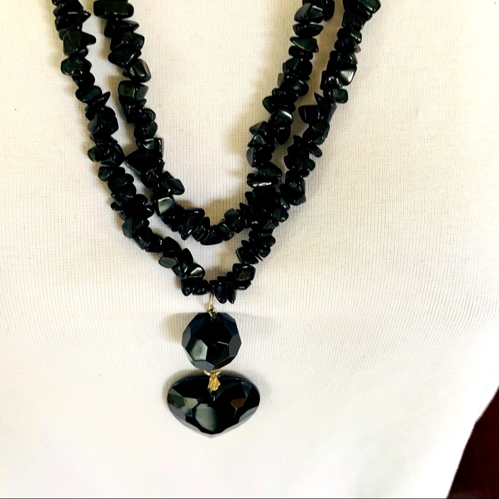 Black double strand long necklace with black beadings & big heart shaped pendant